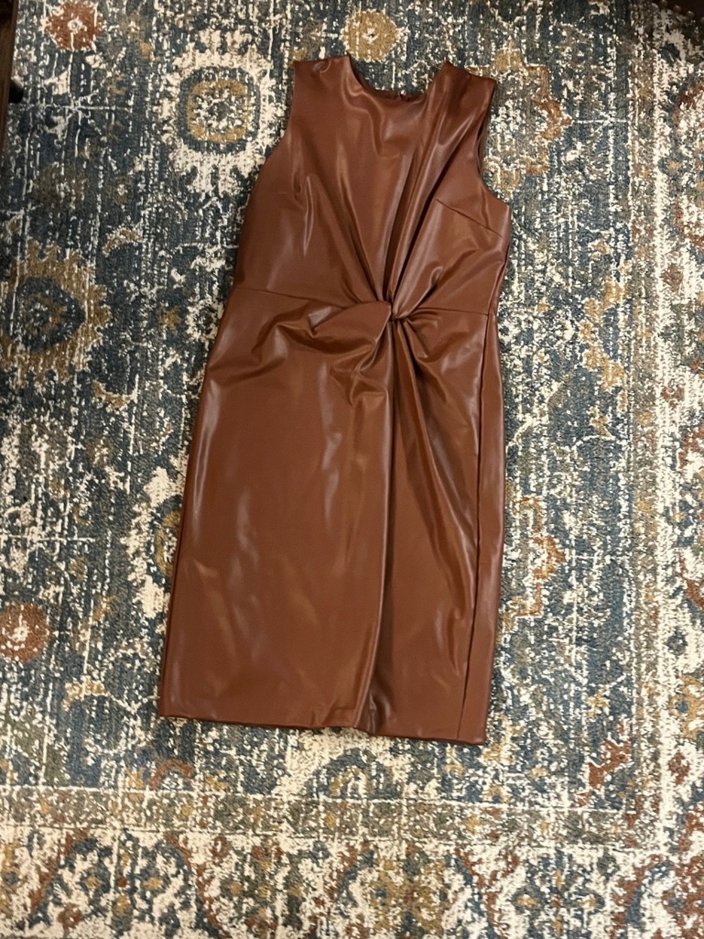 Express Brown Faux-Leather Midi Dress with Twist Detail